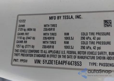 2023 Tesla Model 3 Rear-Wheel Drive from USA, damaged, VIN 5YJ3E1EA4PF447853